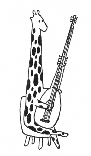 A cartoon giraffe playing an
  archlute.